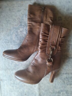 Coach Tan Leather Mid-Calf Heeled Boots with Buckle Detail 6.5